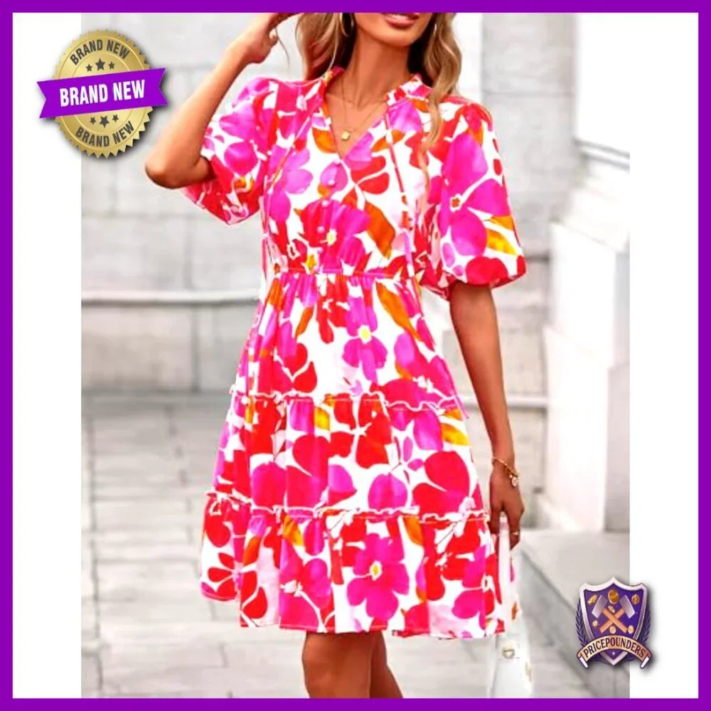 Summer Floral V-Neck Short Sleeve Tiered Ruffle Boho Swing Mini Dress